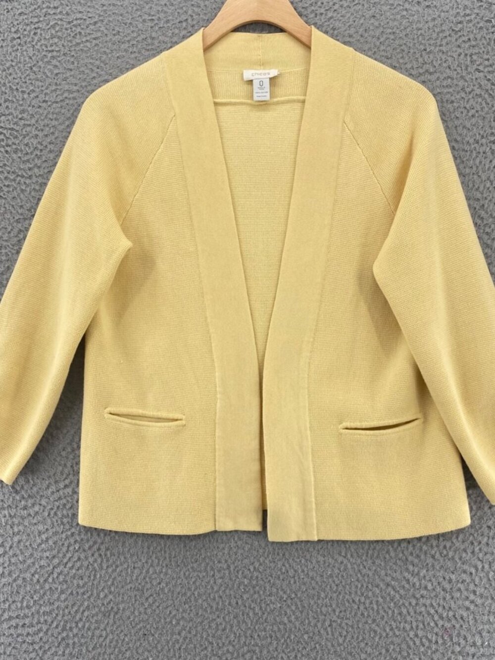 Chicos Sweater Womens 0 US Small Yellow Cardigan Open Front 3/4 Ruched Sleeves
